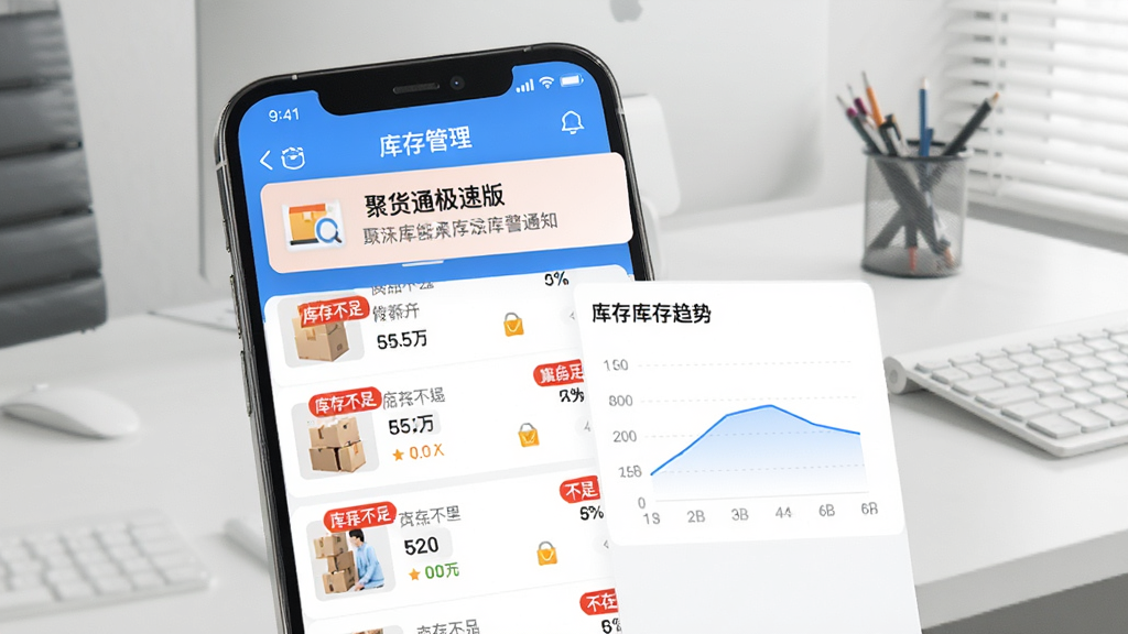 一张聚货通极速版手机界面显示库存预警通知的截图,界面中商品列表带有红色库存不足角标,旁边配有图表展示库存趋势,背景为简约办公桌面,画面清晰干净,UI设计直观醒目,突出软件的智能管理能力。