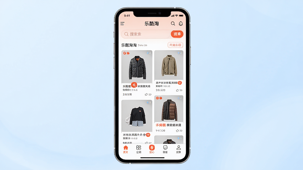 一张展示乐酷淘APP核心界面的高清宣传图,画面中央是一部智能手机,屏幕中显示乐酷淘的首页,包含搜索栏、商品瀑布流和底部导航栏,背景为淡蓝色渐变,整体布局简洁明快,风格现代扁平化,细节清晰,画质高清干净,无多余元素