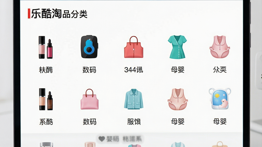 一张展示乐酷淘商品分类的界面截图,屏幕上整齐排列着美妆、数码、服饰、母婴等图标,每个图标下方配有中文标签,背景为白色,整体排版清晰,风格清爽,画面干净无杂物,画质高清