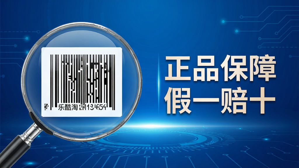 一张展示乐酷淘正品保障服务的宣传图,画面左侧是放大镜下的商品溯源码,右侧为“正品保障 假一赔十”的承诺文字,背景为蓝色科技感渐变,布局左右对称,风格简约商务,细节精致,画质高清干净