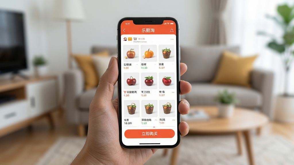一张展示用户使用乐酷淘APP购物的场景图,画面中一只手拿着手机,屏幕显示商品列表和“立即购买”按钮,背景为模糊的客厅环境,主体突出,布局居中,风格写实,细节丰富,画质高清干净,无多余元素