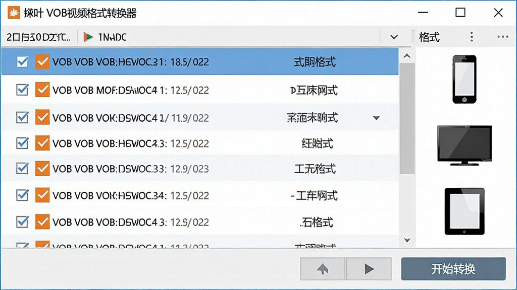 一张展示批量处理功能的截图风格图,主体为枫叶VOB视频格式转换器的文件列表窗口,窗口内有多行带勾选框的VOB文件条目,右侧有设备图标如手机、电视、平板,底部有“开始转换”按钮,布局为列表式,风格商务简约,细节包括文件大小和格式标签,画质干净无多余元素