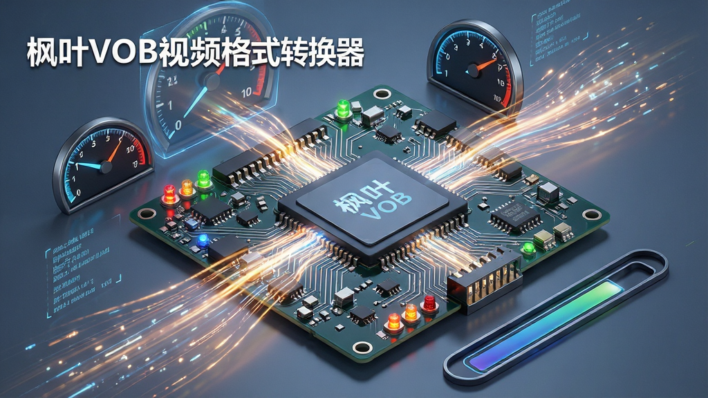 一张展示枫叶VOB视频格式转换器高速转换的示意图,主体为一块带有芯片纹路的电路板,上面有快速流动的光影线条,左上角悬浮着软件名称“枫叶VOB视频格式转换器”字样,布局以电路板为中心,周围有速度仪表盘和进度条元素,风格科技感强,细节包括闪烁的指示灯与数据流,画质锐利干净,无多余元素