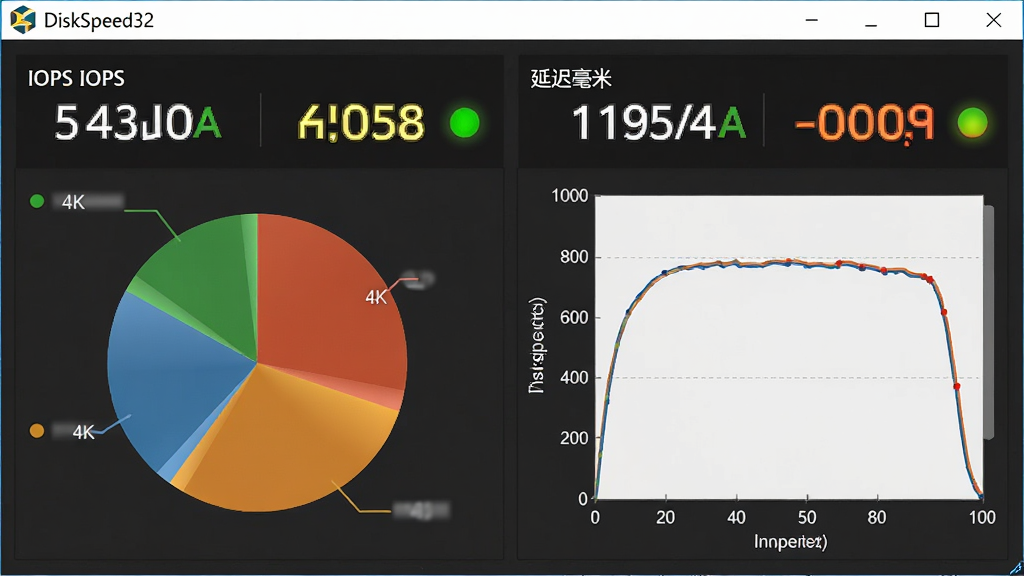 ���壺DiskSpeed32չʾIOPS���ӳٲ��Խ���Ľ��棬������ͼ������ͼ�����֣������ʾ4K�����дIOPS��ֵ���Ҳ���ʾ�ӳٺ������ߡ��Ű棺����ָ��ͻ��������ɫ����ɫ����ɫ��״ָ̬ʾ�ơ��������������ɫ���������ݸ�����ϸ�ڣ���ʾ��DiskSpeed32�����⣬IOPS��ֵ�ﵽ��λ�����ӳ�����ƽ�ȡ����ʣ�������רҵ���ɾ����޶���Ԫ�ء�