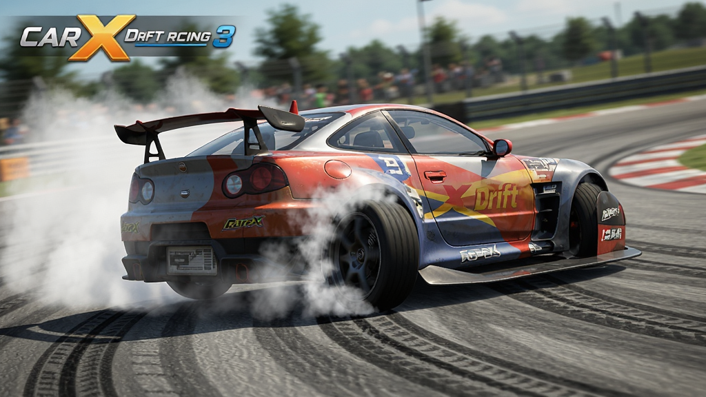 CarX Drift Racing 3 游戏画面特写,一辆赛车在弯道中高速漂移,轮胎与地面摩擦产生大量白烟,车身倾斜角度明显,地面有清晰胎痕,背景是模糊的赛道风景,真实物理效果,高细节渲染,画质清晰干净