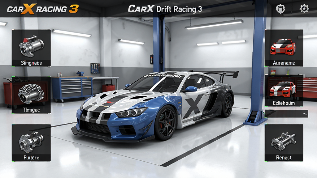 CarX Drift Racing 3 车辆改装界面,一辆赛车停在改装车间中,周围环绕着各种改装零件图标,屏幕显示引擎升级、轮胎选择、外观涂装等选项,界面简洁清晰,3D模型精细,明亮光线,干净整洁