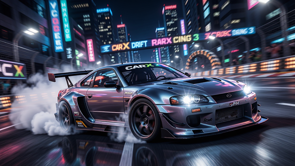 CarX Drift Racing 3 游戏主视觉图,一辆改装赛车在霓虹城市街头高速漂移,轮胎冒烟,背景是繁华的夜景和赛道灯光,画面极具动感,采用写实风格,高画质,干净无多余元素