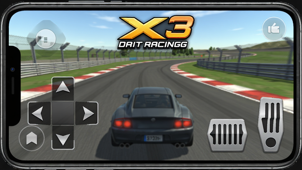 CarX Drift Racing 3 游戏操作示意图,手机屏幕显示虚拟按键布局,左半屏方向键,右半屏油门刹车手刹,界面清晰,背景为游戏赛道,干净无多余元素