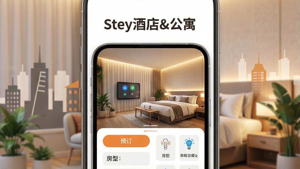 主体:Stey酒店&公寓手机应用界面展示,屏幕内呈现现代简约的酒店房间全景,配有智能控制面板。布局:主视觉为手机居中,两侧点缀城市建筑剪影,上方悬浮“Stey酒店&公寓”文字标志。排版:干净清爽,信息分层明确,突出品牌名称和房间预览。风格:现代简约,科技感与温暖感并存,暖色调灯光营造舒适氛围。细节:屏幕中显示预订按钮、房型列表、智能设备图标,周围有绿植和家具摆设。画质:高清渲染,明亮通透,干净无多余元素。