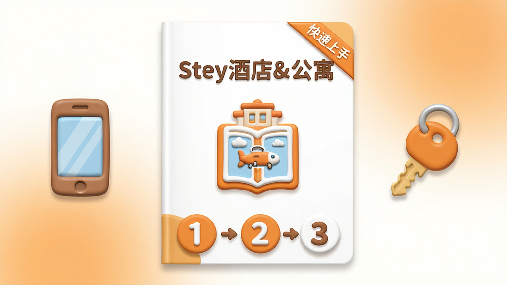 主体:Stey酒店&公寓使用指南手册封面,上面印有“Stey酒店&公寓”字样和卡通指南图标。布局:手册居中,左右两侧分列手机与钥匙图标,底部为步骤序号1-2-3。排版:简洁清晰,图标有立体感。风格:温馨明亮,色彩以橙色与白色为主。细节:手册封面有“快速上手”标签,背景为柔和渐变。画质:高清,干净无多余元素。