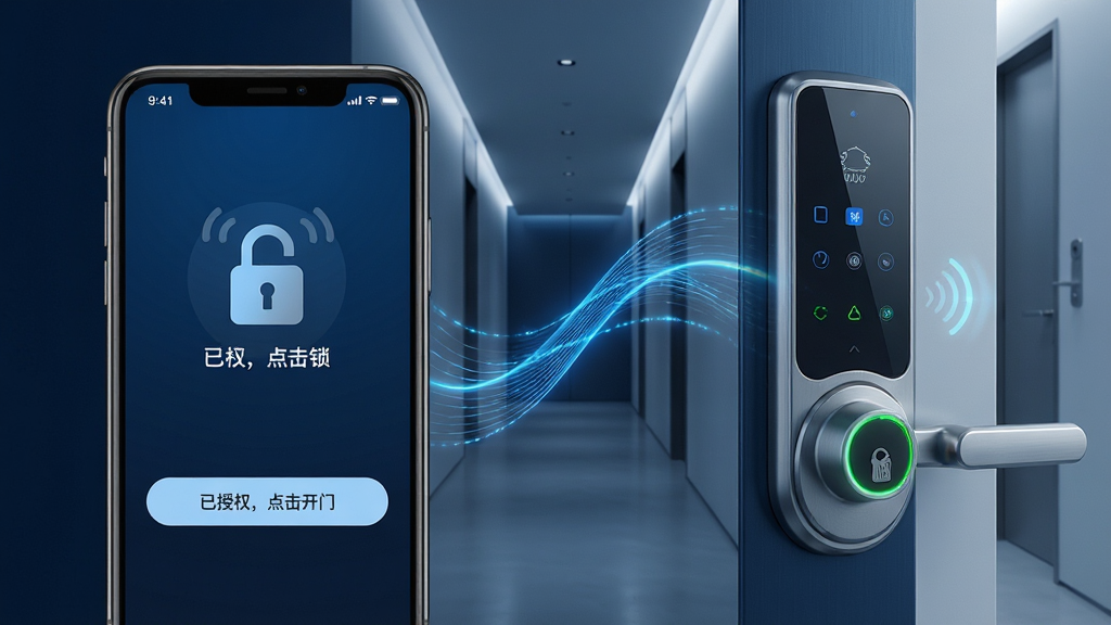 主体:Stey酒店&公寓智能门锁开锁界面,手机靠近门锁显示解锁动画。布局:左侧为手机界面放大图,右侧为门锁实物模型,中间用动态波浪线连接。排版:对比式布局,突出科技感。风格:深蓝与银灰色调,冷光氛围,体现高科技质感。细节:手机屏幕显示“已授权,点击开门”按钮,门锁亮起绿色指示灯,背景为简约走廊。画质:超清细节,干净无多余元素。