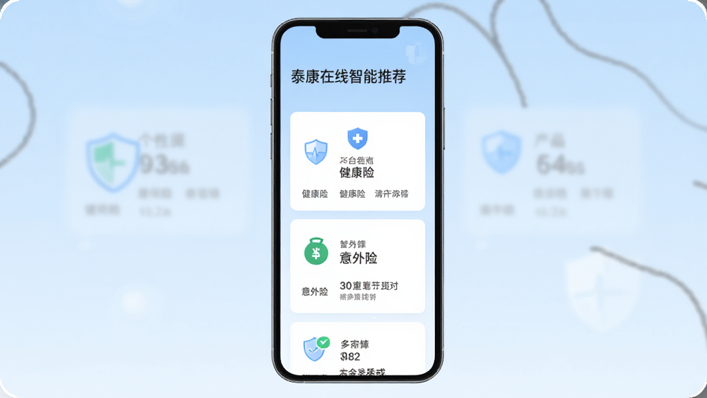 泰康在线智能推荐页面,手机屏幕展示个性化保险方案,包含健康险、意外险等产品卡片,背景为浅蓝色渐变,配以简洁的图标和文字说明,画面居中,排版整齐,画质清晰,无多余元素