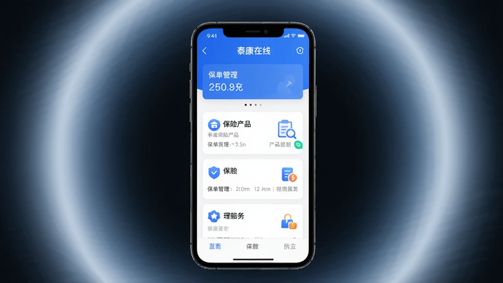 泰康在线app主界面,展示保险产品列表、保单管理、理赔服务等核心功能,界面简洁清晰,采用蓝色主题色,手机屏幕居中显示,周围有柔和的光晕效果,整体风格现代科技感,画质高清,干净无多余元素