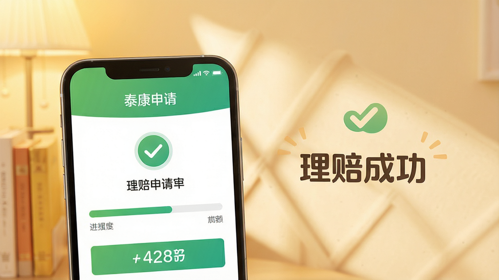 泰康在线理赔流程展示,手机屏幕显示理赔申请成功界面,带有进度条和金额数字,背景为温馨的暖色调,配有对勾图标和“理赔成功”字样,画面简洁明了,画质高清,无多余元素