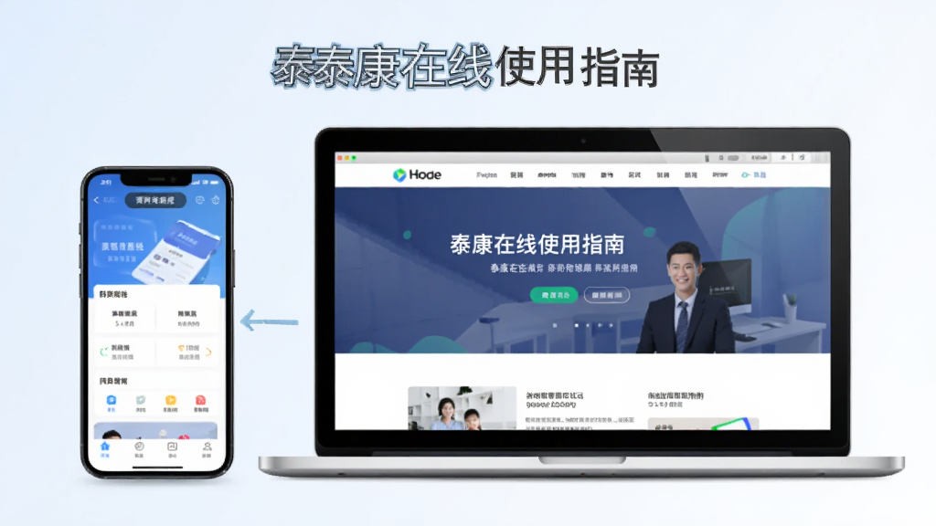泰康在线使用指南插图,展示手机和电脑同步操作,手机屏幕上显示App界面,电脑屏幕上显示官网页面,背景为浅色渐变,整体风格简洁现代,画质高清,无多余元素