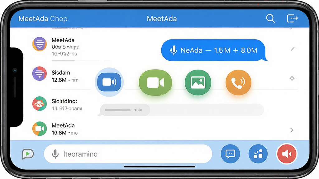 ���壺MeetAda��������棬չʾ��������Ƶ��ͼƬ�ȹ�ͨ��ʽͼ�ꣻ���֣���Ļ����Ϊ�Ի����ݣ��ײ�Ϊ�������͹���ͼ�ꣻ�Ű棺�Ի��б�����������ͼ���������룻��񣺼�����죬ͼ����ͳһ��ɫ�ʻ��ã�ϸ�ڣ���������ʾʱ������Ƶͨ����ť���ԣ����ʣ����壬�ɾ����޶���Ԫ��