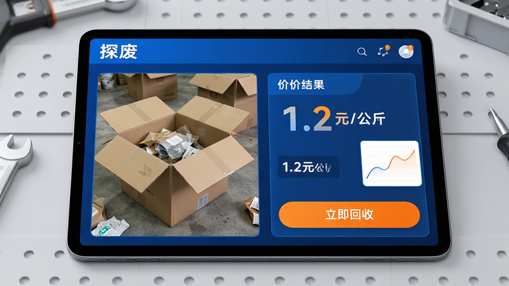 主体:“探废”APP智能估价功能界面,显示废纸箱照片和估价结果“1.2元/公斤”,旁边有价格走势小图表;布局:平板电脑横屏展示,左侧为废品图片,右侧为价格详情;排版:数据清晰,价格数字放大显示,功能按钮醒目;风格:科技感UI设计,蓝色与橙色搭配;细节:界面有“立即回收”按钮,背景为浅灰色工作台;画质:高清渲染,干净,无多余元素。