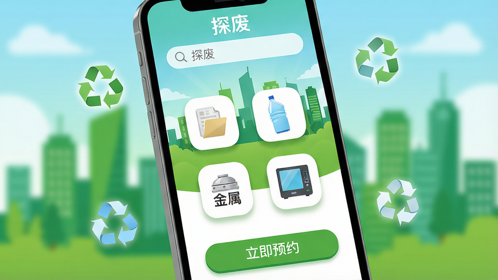 主体:手机屏幕展示“探废”APP主界面,界面中央有回收分类图标(纸类、塑料、金属、电子设备),上方搜索栏写着“探废”,背景是绿色环保城市剪影;布局:居中展示,手机略倾斜,周围有漂浮的回收箭头符号;排版:界面清晰,图标整齐排列,底部有“立即预约”按钮;风格:现代扁平化插画风格,色彩明亮(草绿、天蓝、白色);细节:手机屏幕高亮,图标有细微阴影,背景虚化处理;画质:4K超清,干净,无多余元素。