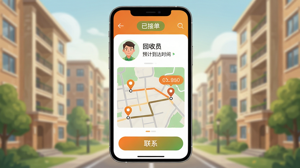主体:“探废”APP预约成功界面,显示回收员小哥头像和预计到达时间,背景是小区楼宇;布局:手机竖屏展示,顶部有订单状态“已接单”,中部为地图路线,底部为联系按钮;排版:信息层级分明,按钮颜色醒目;风格:写实与插画结合,色彩温暖(橙色、绿色);细节:地图上有起点和终点标记,时间气泡提示;画质:高清,干净,无多余元素。