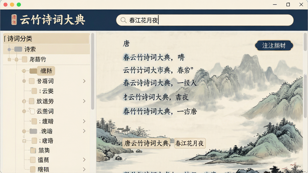 主体:软件主界面展示,屏幕中央显示“云竹诗词大典”主界面,左侧是诗词分类树状列表,右侧是一首唐诗的详情页,配有山水画背景。布局:左右分栏,上方有搜索栏,整体布局清晰。排版:标题栏突出,正文段落分明,色彩以米白与墨蓝为主。风格:中国风与现代扁平化结合,界面干净。细节:搜索框有“春江花月夜”字样,详情页有注释按钮。画质:高清,干净,无多余元素。