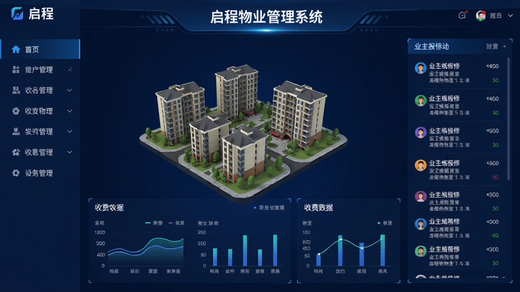 启程物业管理系统主界面,深蓝色科技感仪表盘布局,左侧功能导航栏,中央显示小区楼宇三维模型与收费数据图表,右侧滚动业主报修动态,整体界面干净专业,文字标注“启程物业管理系统”,画质清晰,无多余元素
