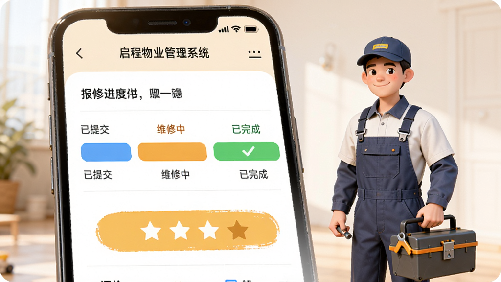 启程物业管理系统业主小程序页面,手机屏幕显示报修进度条,从“已提交”到“维修中”再到“已完成”,下方有评价星级按钮,旁边是物业维修工穿着工服拿着工具箱,整体风格温馨写实,画质干净,无多余元素