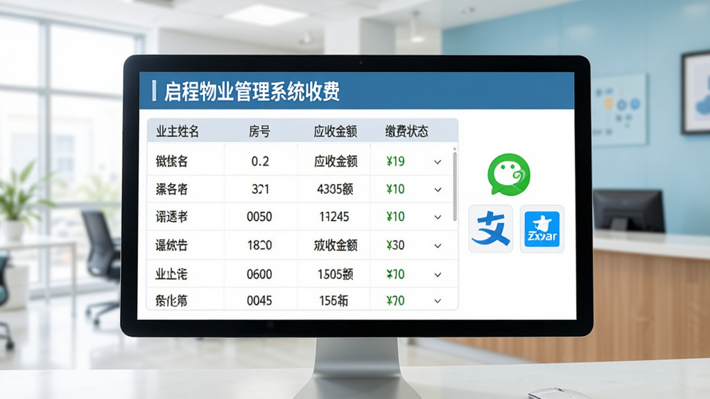 启程物业管理系统收费界面,电脑屏幕上显示物业费账单列表,包含业主姓名、房号、应收金额、缴费状态,右侧有微信支付与支付宝支付图标,背景为明亮的客服中心场景,界面字体清晰,画质干净,无多余元素