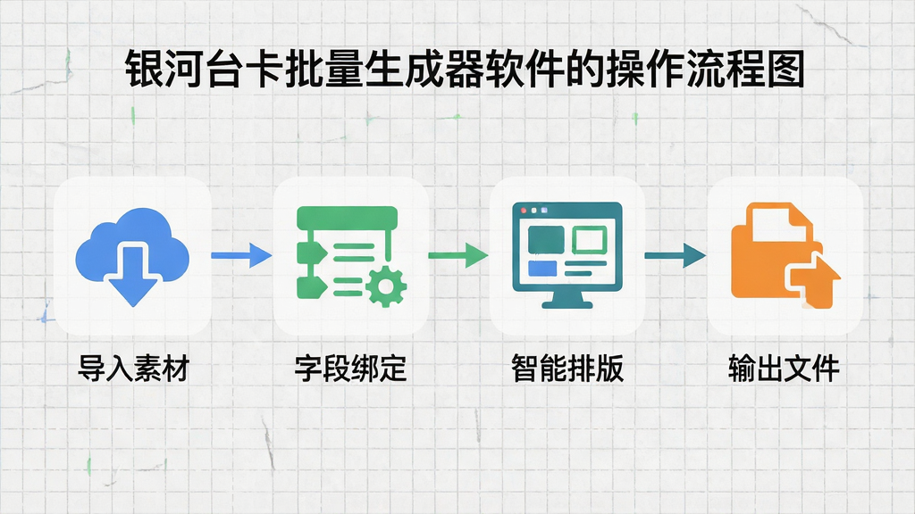 主体:银河台卡批量生成器软件的操作流程图,从导入素材到排版导出的四个步骤图标化展示。布局:流程从左至右排列,每个步骤下方有简短说明,顶部为软件名称。排版:采用扁平化图标,背景为浅灰色网格纸张纹理。风格:清爽简约,信息图风格。细节:每一步骤用不同颜色区分,如“导入”为蓝色,“排版”为绿色,“导出”为橙色。画质:干净,无多余元素。文字:步骤标题分别为“导入素材”、“字段绑定”、“智能排版”、“输出文件”。
