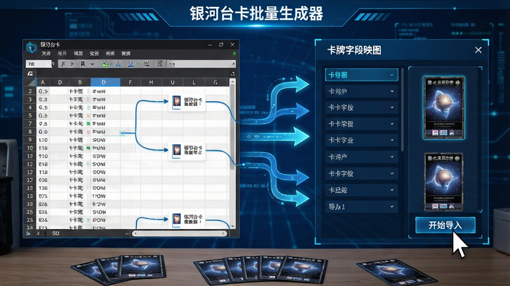 主体:银河台卡批量生成器的数据导入界面,屏幕上显示Excel表格与卡牌字段映射连线。布局:左侧为数据表格窗口,右侧为卡牌字段映射面板,中间用高亮箭头连接。排版:表格行数据滚动,右侧卡牌预览实时刷新。风格:科技蓝背景,数据线条元素。细节:鼠标光标点击“导入”按钮,桌面上散落几张卡牌。画质:高清,细节丰富。文字:界面顶部有“银河台卡批量生成器”字样,按钮文字“开始导入”。