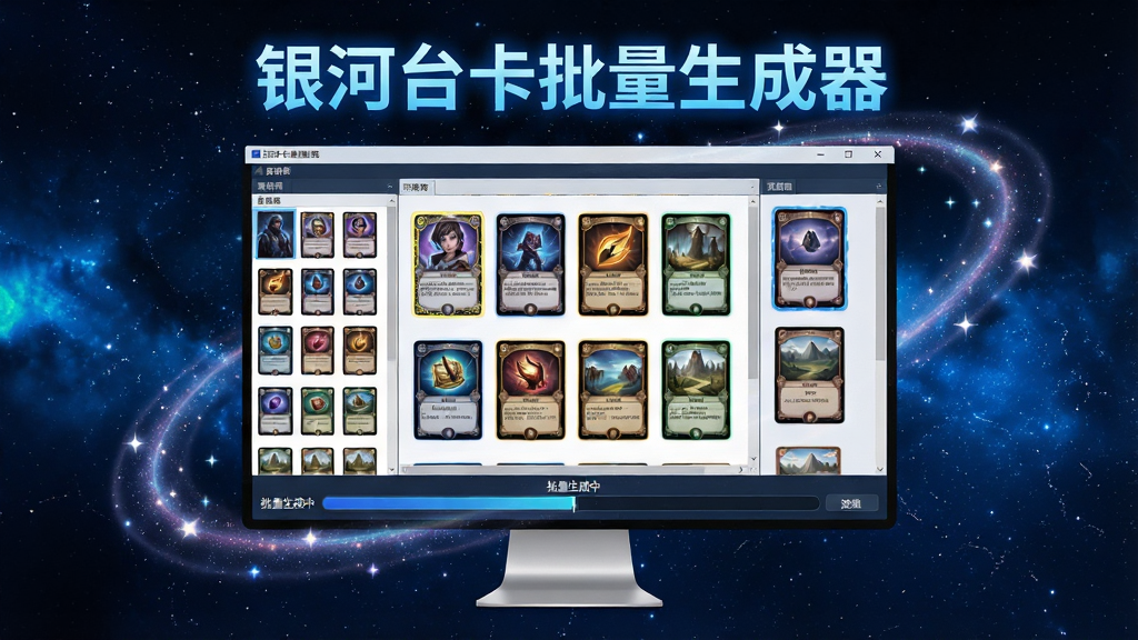 主体:银河台卡批量生成器软件主界面,背景为深蓝色星空,一台悬浮的Windows电脑屏幕内展示着卡牌批量排列与自动生成的过程。布局:画面中央为软件操作窗口,左侧素材库缩略图,右侧卡牌预览区,底部进度条显示“批量生成中”。排版:电脑屏幕占视觉中心,四周环绕银河光带与星点,界面文字清晰可读。风格:科技感、专业、高清渲染。细节:屏幕中卡牌图案各异,有角色卡、道具卡、地名卡,边缘光效流转。画质:8K超清,干净无多余元素。文字:“银河台卡批量生成器”以蓝色发光字悬浮于屏幕上方。
