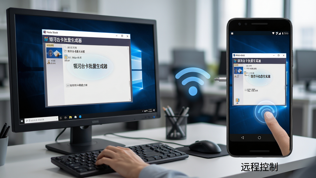 主体:一台Windows电脑与一部安卓手机并排,屏幕上显示银河台卡批量生成器运行界面,手机通过无线网络连接电脑远程控制。布局:左侧为电脑屏幕,右侧为手机屏幕,中间有无线信号图标连接。排版:两屏幕中显示相同软件界面,背景为模糊的办公室环境。风格:写实科技风。细节:电脑键盘上有手部操作,手机屏幕有触控点击效果。画质:高清,光线柔和。文字:电脑屏幕标题“银河台卡批量生成器”,手机屏幕下方有“远程控制”字样。