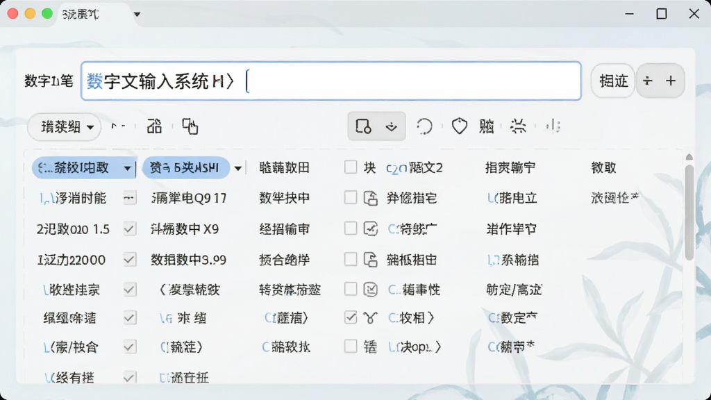 数字五笔中文输入系统主界面预览图,布局清晰,输入框醒目,候选词列表整齐排列,背景淡雅,风格简约现代,注重功能展示,画质干净,无多余元素