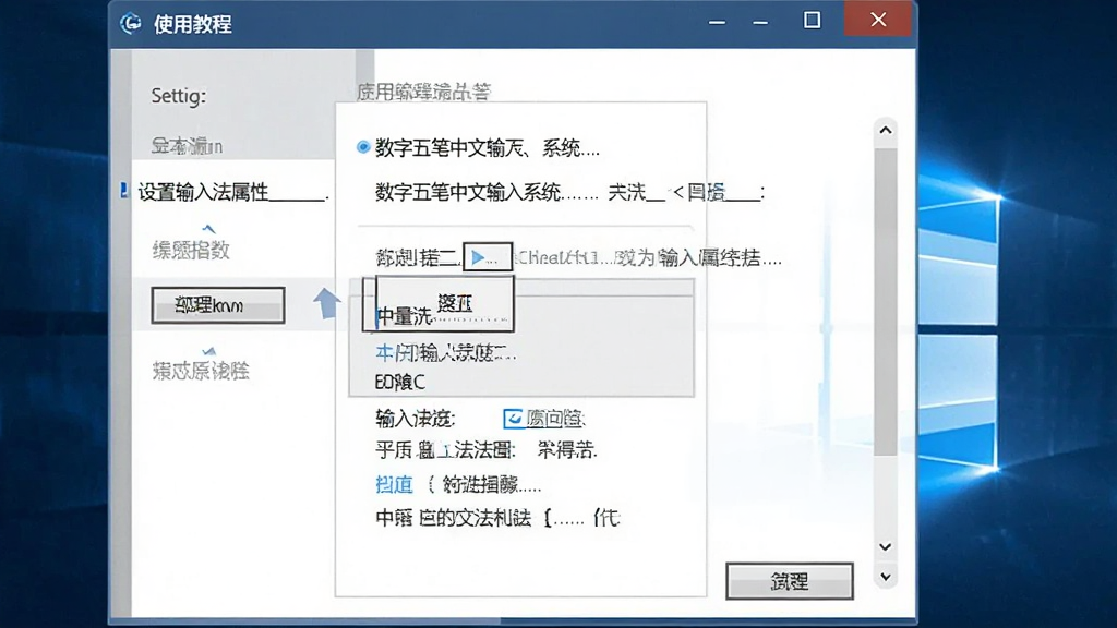 数字五笔中文输入系统使用教程示意图,展示如何设置输入法属性,界面为Windows设置窗口,有输入法选项,风格简明实用,画质干净,无多余元素
