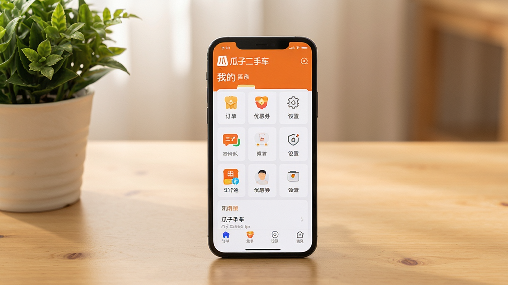 主体:一部智能手机屏幕显示瓜子二手车App的“我的”页面,页面中包括订单、优惠券、设置等菜单项,手机放置在桌面上,旁边有绿色植物。布局:手机居中,桌面干净整洁。排版:界面清晰,图标排列整齐。风格:生活化场景,色调温暖。细节:屏幕上有“瓜子二手车”Logo和“我的”标题。画质:高清,干净,无多余元素。