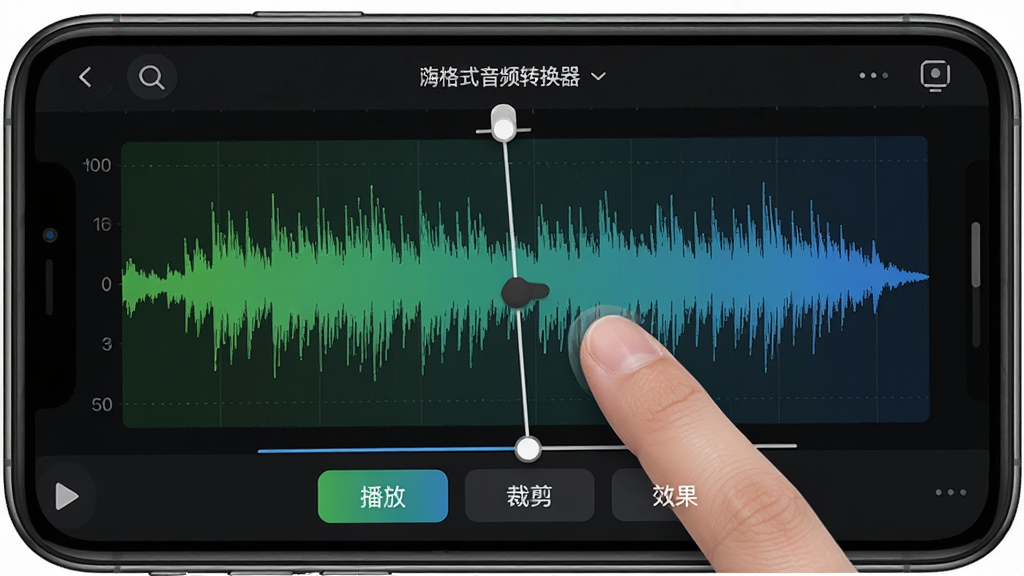 嗨格式音频转换器在手机上进行波形编辑的预览图,界面展示出精细的音频波形图,用户手指正拖动裁剪光标,屏幕下方有“播放”、“裁剪”、“效果”等按钮,波形图以绿色和蓝色渐变呈现,界面背景为深色模式,凸显专业感,手机顶部状态栏显示“嗨格式音频转换器”字样,画面清晰,注重细节展示,干净无多余元素。