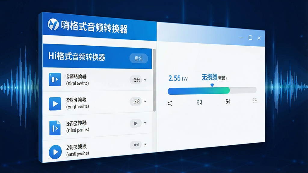 一张Hi格士音频转换器的功能界面概念图,布局为左右分栏,左侧是音频文件列表,右侧显示转换进度条,界面以蓝白配色为主,文件列表旁有“嗨格式音频转换器”的标识,背景是抽象的音波图形,风格简洁现代,强调高速与无损,画面具有科技感与透视感,画质清晰,干净无多余元素。