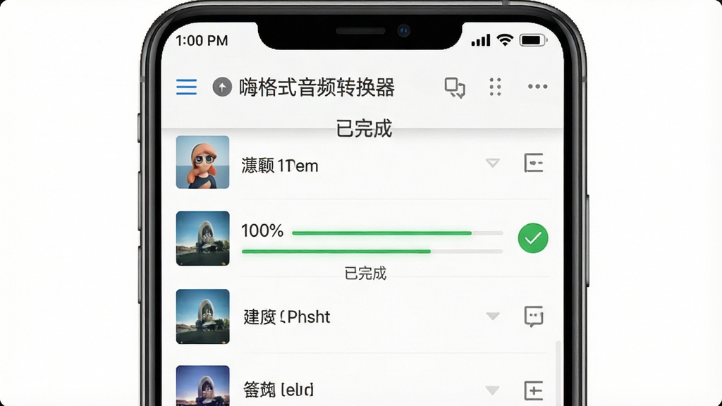 一张展示嗨格式音频转换器运行状态的手机截图,屏幕显示正在转换的文件列表,其中一首歌曲的进度条为100%并标有绿色对勾,顶部状态栏显示时间与电量,界面清晰展示“已完成”字样,背景为纯白色,整体风格干净明亮,强调应用运行稳定性,画质高清,无多余元素。