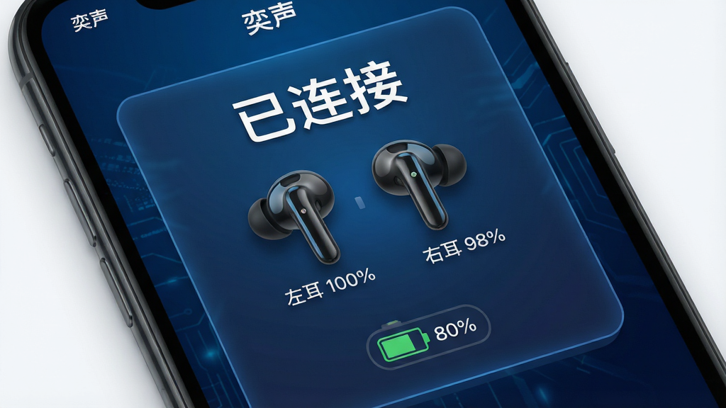 一张特写镜头图片,主体为手机APP“奕声”的连接成功界面,界面上方用大号字体显示“已连接”,中间是两只耳机的3D渲染图并标注“左耳 100%”、“右耳 98%”,下方是充电仓电量图标显示“80%”。背景采用深蓝色渐变科技纹理。布局以信息卡片形式居中排列,排版清晰。风格为商业UI设计稿风格,细节包含微弱的发光描边和阴影,画质极高,干净整洁,无多余元素。