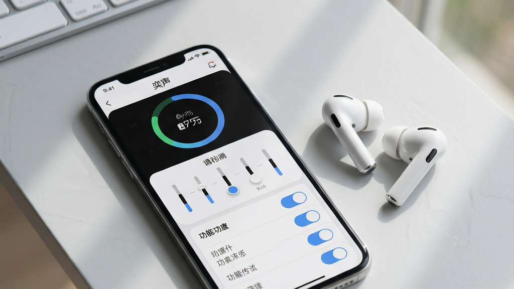 一张现代简约风格的智能设备使用场景图,主体是一部智能手机屏幕正显示名为“奕声”的APP管理界面,界面布局清晰,包含耳机电池电量环形图、均衡器调节滑块和功能开关列表。手机旁边优雅地放置着一副白色无线蓝牙耳机。整体布局采用中心构图,排版干净整洁,背景为浅灰色的桌面与柔和的自然光影。风格偏向科技感与生活化结合的杂志广告风,细节上突出屏幕内UI图标的精致质感,画质高清,干净无多余元素。