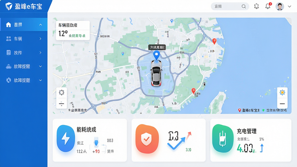 一张展示盈峰e车宝软件主界面的高清截图,界面中央显示车辆实时位置地图,下方排列能耗统计、故障提醒、充电管理等圆角功能图标,整体风格科技蓝与白色搭配,布局清爽,细节精致,画质清晰,无多余元素。