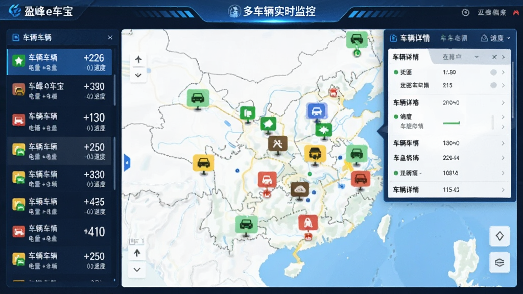 盈峰e车宝软件中多车辆实时监控地图界面,不同颜色图标代表不同作业状态,左侧车辆列表显示电量与速度,右侧弹出车辆详情面板,科技感UI设计,蓝色主题,画面清晰,信息层级分明。