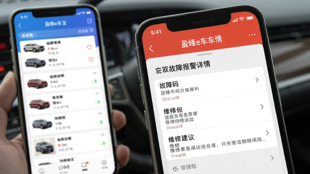 展示盈峰e车宝APP在手机上的使用场景,画面中央为故障报警详情页,包含故障码和维修建议,背景虚化的手机屏幕显示车辆列表,整体明亮清晰,突出软件实用功能。