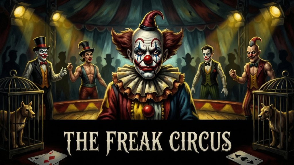 主体:The Freak Circus游戏主视觉图,一个阴森的马戏团帐篷内部,舞台灯光昏暗,中央站着一位小丑,表情诡异,周围环绕着畸形秀演员。布局:小丑居中,周围角色呈半圆形分布,前景有散落的扑克牌和动物笼子。排版:画面下方三分之一处留白,用于标题文字。风格:暗黑哥特风,高对比度,油画质感,带有噪点颗粒。细节:小丑的嘴角有裂痕,眼角流泪,背景有模糊的观众剪影,灯光泛黄。画质:8K,电影级光影,细节丰富,干净无多余元素