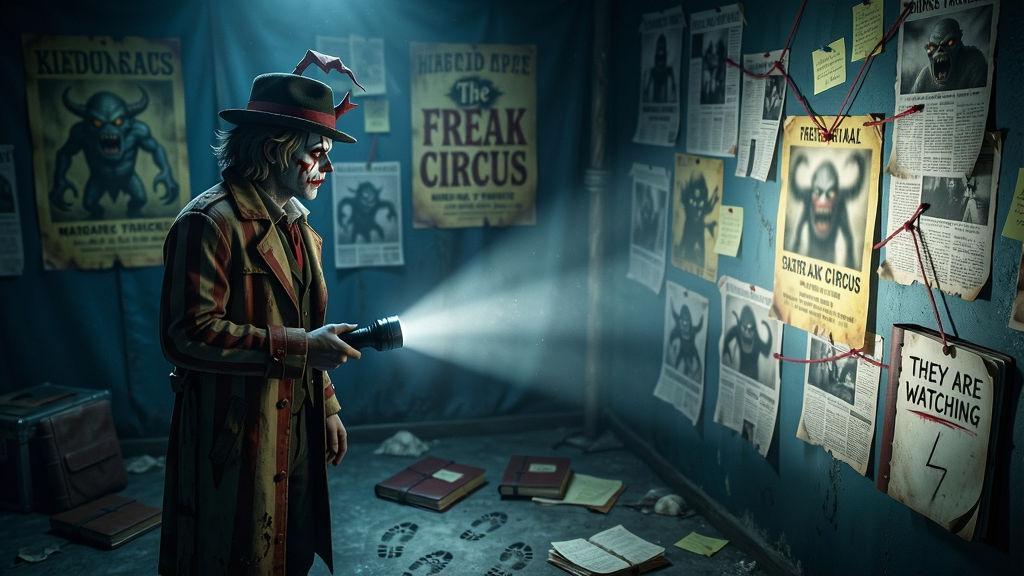 主体:The Freak Circus中的主角手持手电筒,站在马戏团后台,墙上贴满泛黄的海报和报纸剪报,地上散落着日记本。布局:主角站在画面左侧,手电筒光束照亮右侧的线索墙。排版:光束与线索墙形成视觉引导线,突出探索元素。风格:写实恐怖风,冷色调,光线昏暗,有体积光效果。细节:海报上有模糊的怪物图案,日记本上写着“THEY ARE WATCHING”,地面有灰尘和脚印。画质:4K,精细纹理,干净无多余元素