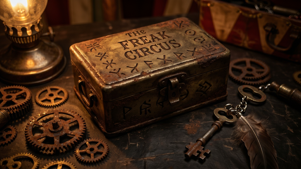主体:The Freak Circus中的一个解谜场景,画面中央是一个老旧的首饰盒,旁边散落着齿轮和钥匙,背景是马戏团的后台道具间。布局:首饰盒特写居中,周围道具聚焦,形成紧凑的构图。排版:俯拍视角,突出道具细节。风格:写实暗黑风,暖色灯光局部照明,阴影浓重。细节:首饰盒上刻有奇怪的符号,齿轮锈迹斑斑,钥匙带有羽毛吊坠。画质:4K,微距摄影感,干净无多余元素