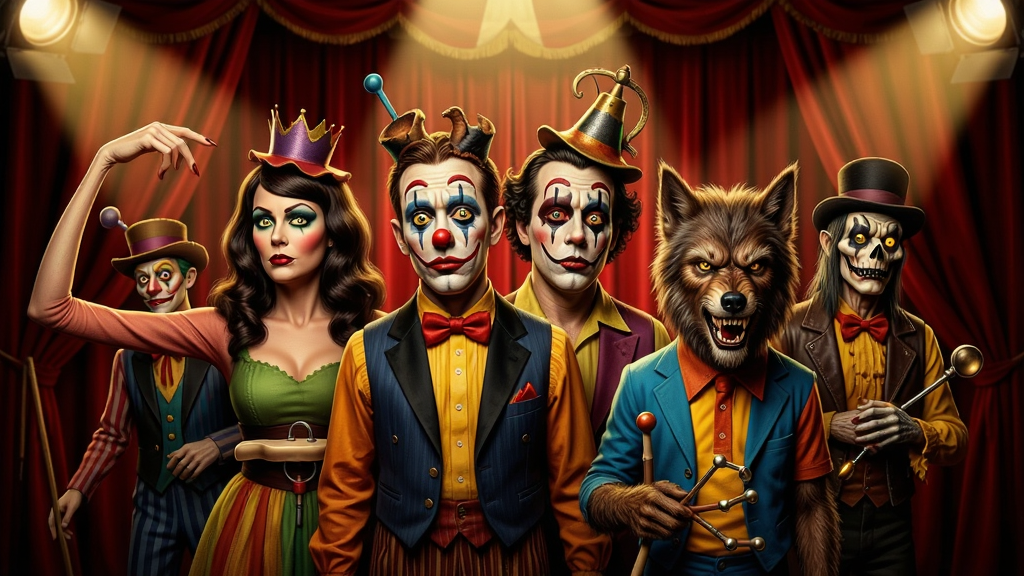 主体:The Freak Circus中的畸形秀角色群像,包括长臂女、双头兄弟、狼人男孩等,站在舞台聚光灯下。布局:角色错落排列,面部朝向镜头,表情各异。排版:背景是马戏团帐篷的红色幕布,人物占画面主体。风格:超现实主义,色彩浓烈,光影夸张,带有马戏团海报的复古感。细节:每个角色都有独特的服装与道具,皮肤质感真实,眼神中透露出疯狂与悲伤。画质:8K,高清细节,干净无多余元素