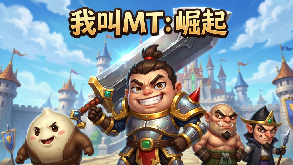 一张《我叫MT:崛起》游戏主视觉宣传图,画面中央是主角哀木涕穿着标志性铠甲、手持巨剑、表情搞怪自信,身旁站着傻馒、劣人、呆贼等Q版角色,背景是宏伟的暴风城与蓝天白云,整体采用明亮鲜艳的卡通渲染风格,UI排版简洁大方,标题“我叫MT:崛起”以艺术字体置于画面顶部,画质细腻光影通透,干净无多余元素
