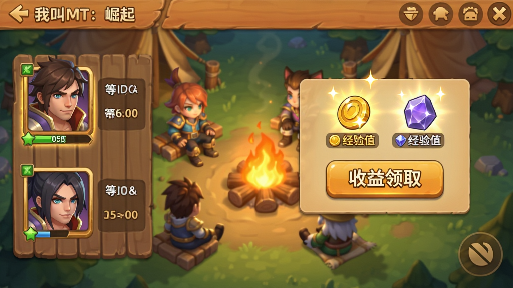 展示《我叫MT:崛起》游戏内放置挂机收益界面,游戏界面左侧显示英雄头像、等级和离线时间,右侧弹出“收益领取”按钮,金币和经验值的图标闪闪发光,背景是营地篝火旁,角色们围坐休息,画面布局清晰,UI采用暖色调,卡通风格,字体“离线收益”清晰可见,画质明亮柔和,干净无多余元素