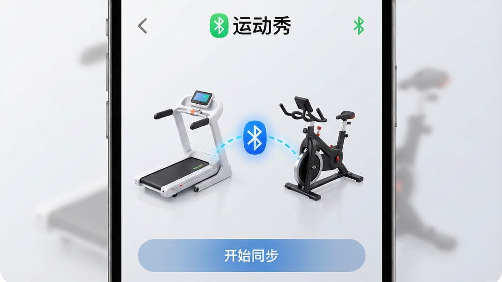 图片主体为运动秀App的“设备连接”界面截图,界面中央是一台白色跑步机与一台黑色动感单车的3D图标,两者之间有一条发光的蓝色虚线表示蓝牙信号连接,界面顶部显示“运动秀”字样与绿色蓝牙图标,手机界面下方有“开始同步”按钮,背景为干净的浅灰色渐变,布局采用左右对称结构,排版风格为科技感UI设计,细节突出连接动画效果,画质高清,干净无多余元素。