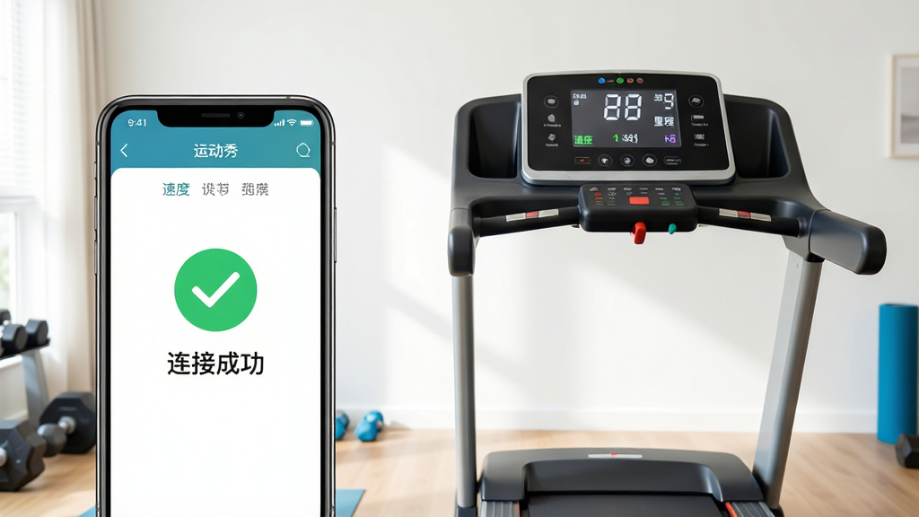 主体为一部智能手机与一台现代跑步机并排放置,手机屏幕显示运动秀App的数据记录界面,界面中有绿色对勾图标与“连接成功”字样,跑步机显示屏亮起并显示速度与里程,背景为明亮的家庭健身房场景,布局采用手机在左、跑步机在右的对称构图,排版简洁,细节突出数据同步的视觉元素,画质清晰,干净无多余元素。